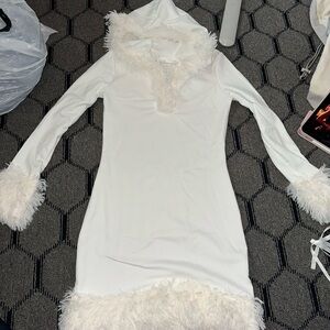 White Hooded Dress with Faux Fur Trim